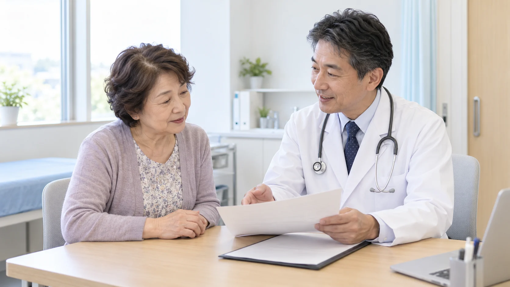 中高年の日本人女性が医師に健康診断の結果を相談するイメージ（AI生成）