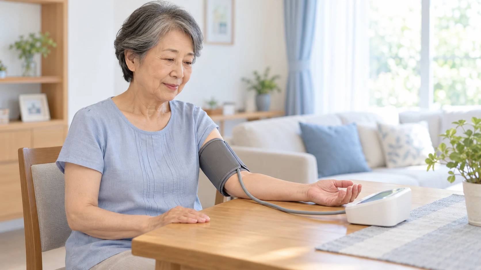 家庭で上腕式の血圧計を使う高齢の日本人女性のイメージ(AI生成)